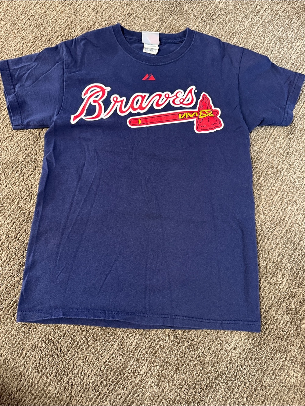 Majestic Navy Braves Short-Sleeve Tee with Red and White Logo # 10 Jones